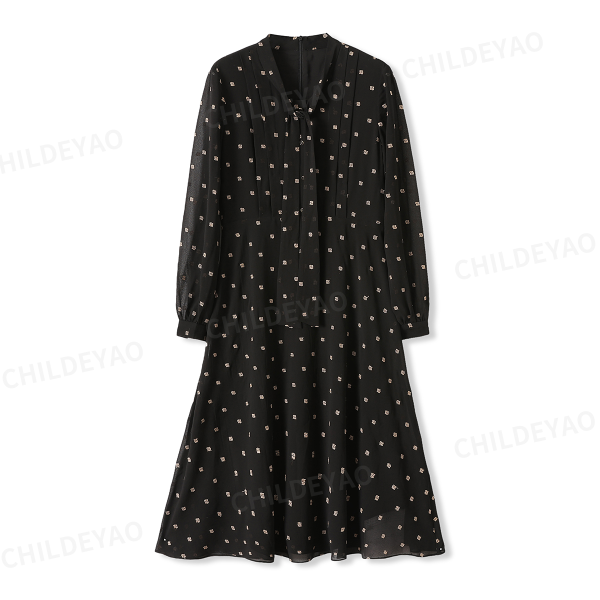 『金风玉露』法式飘带领绣花长袖连衣裙L407021