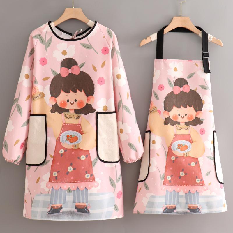 长袖做饭围裙女可爱厨房家用日系布料透气耐磨防油大人罩衣工作服