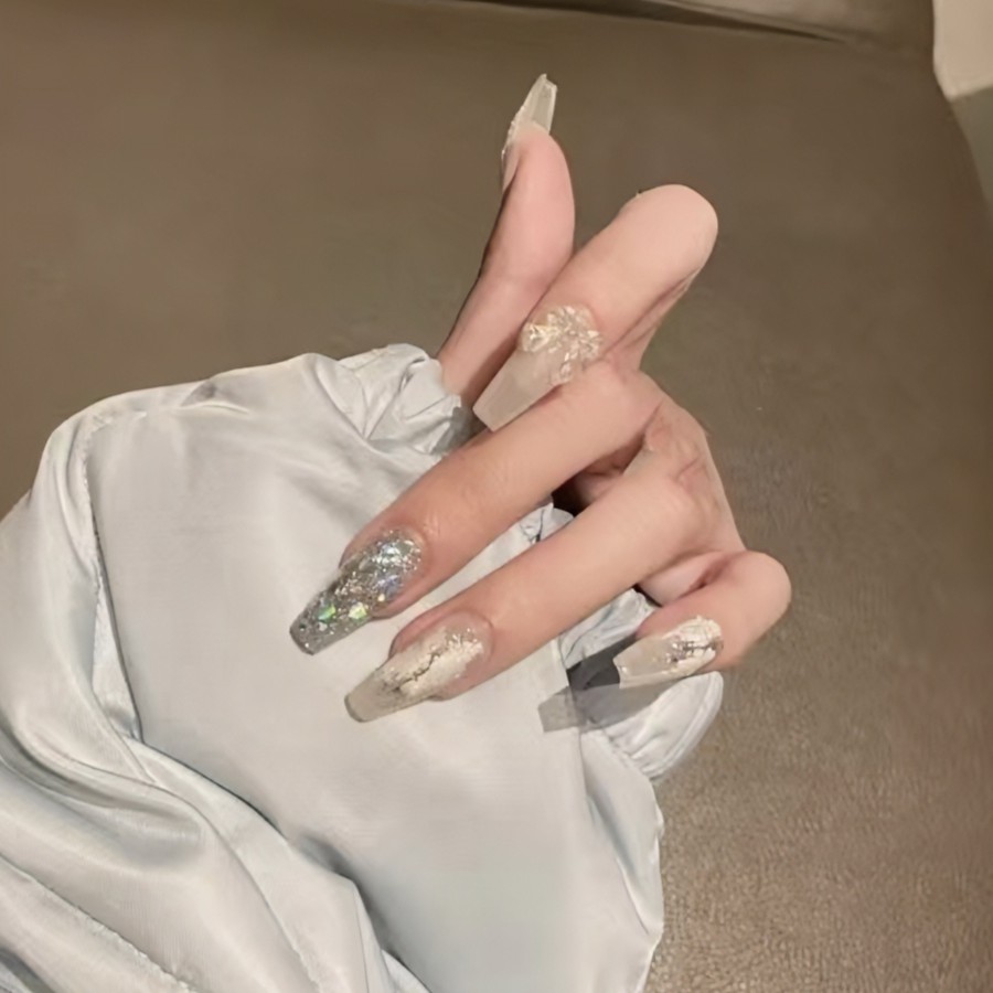 JJ手工定制甲片拆卸穿戴假指甲光疗贴温柔冰雪奇缘亮片蝴蝶结美甲