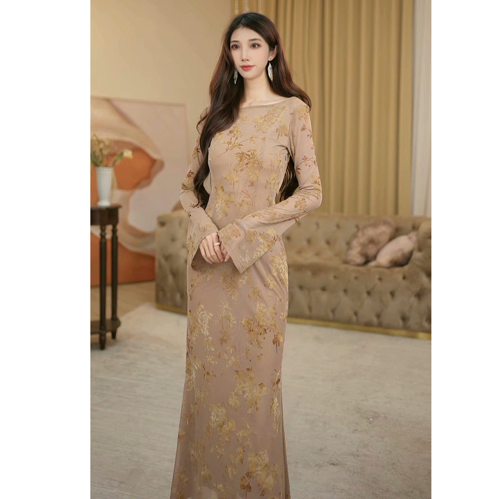 【希希】矜贵人秋季新款法式气质收腰显瘦鱼尾连衣裙-YL0023