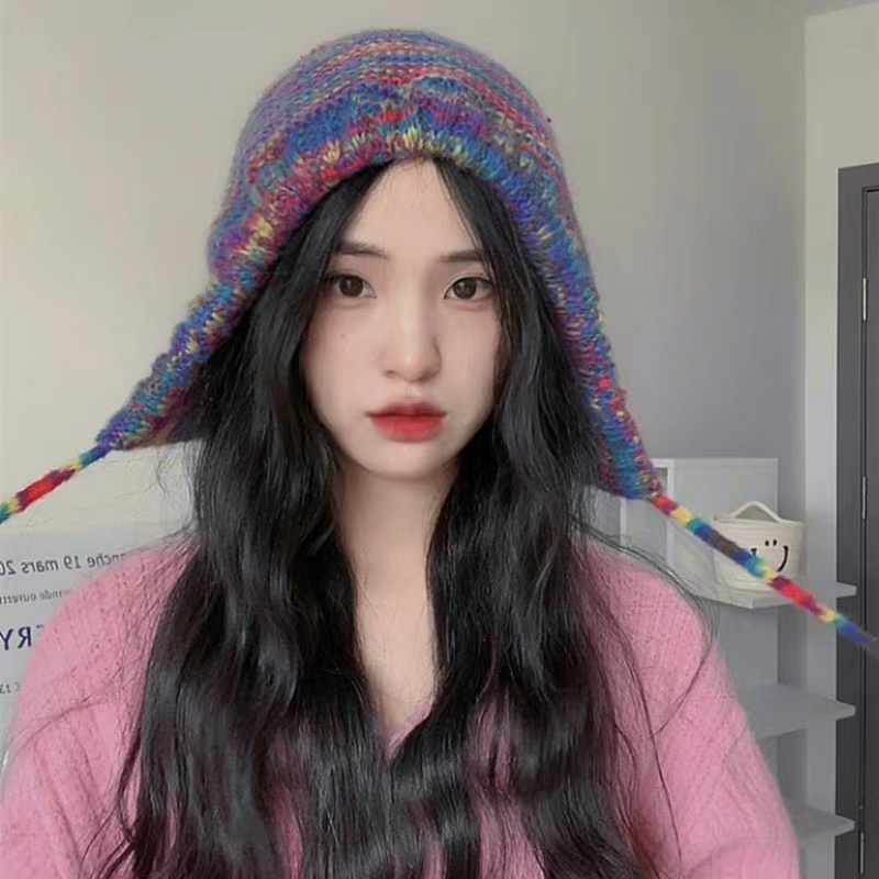 秋冬复古彩虹色条纹护耳毛线帽子女显脸小系带撞色针织帽包头冷帽