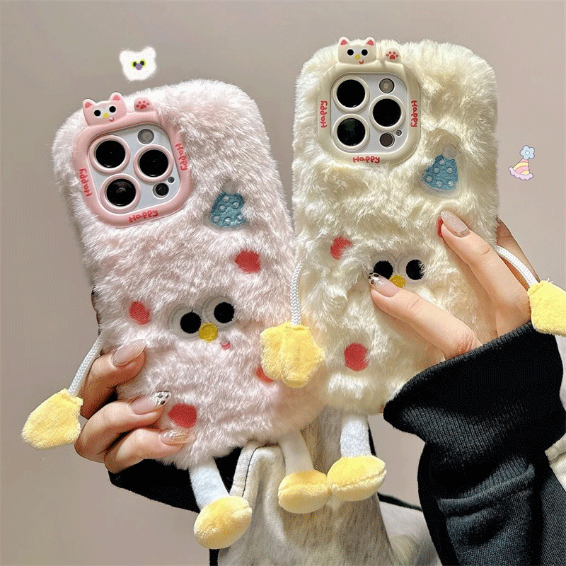 超萌可爱毛绒小人适用苹果17Pro手机壳iPhone16/15Promax秋冬11女
