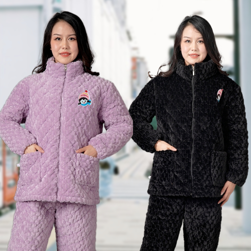 冬季新款拉链睡衣套装女士大码金龟绒三层夹棉加厚加绒保暖家居服