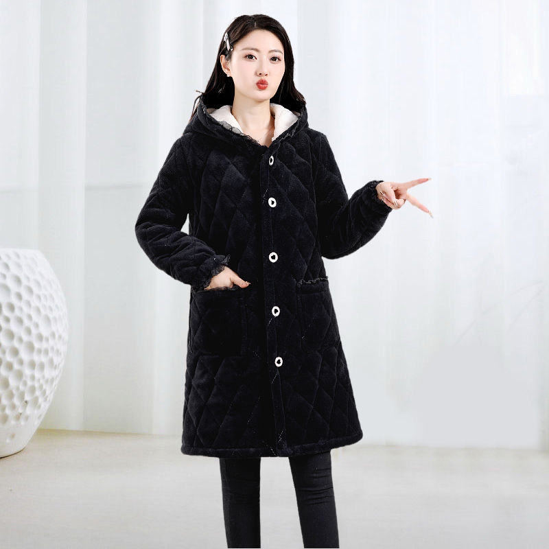 加绒加厚罩衣冬季保暖棉服中长款洋气罩衣家居服外套工作服睡袍女