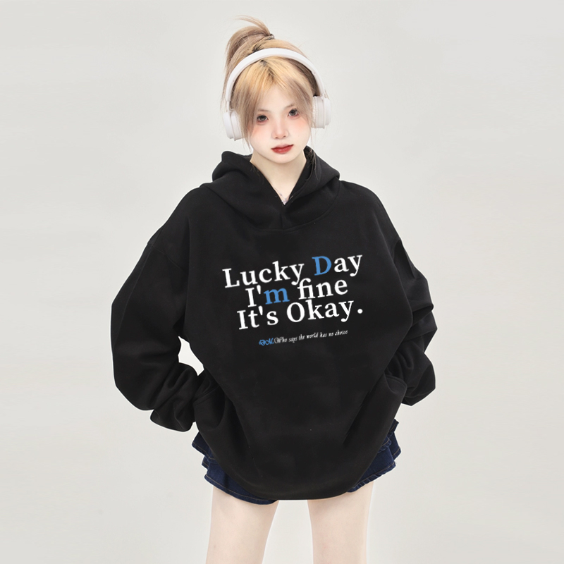 DMNUMB秋冬休闲长袖情侣宽松加绒印花美式国潮连帽衫百搭卫衣男