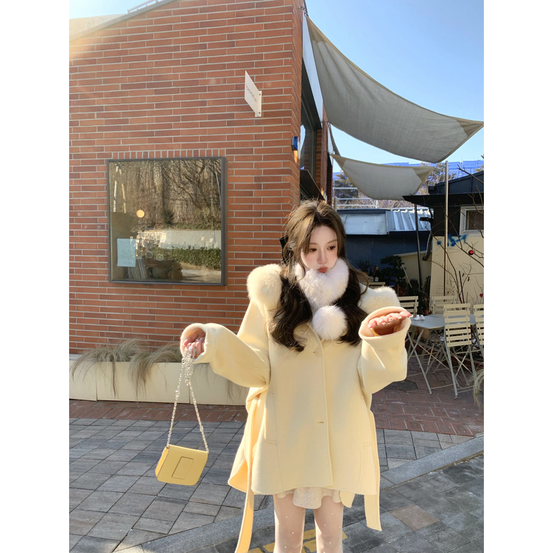 【MMENGJA】栀子黄 订染 全手工大毛领双面呢斗篷大衣外套女冬季