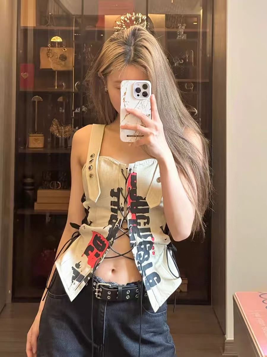 NO退NO换 辣妹短款显瘦性感时尚欧美设计感印花吊带