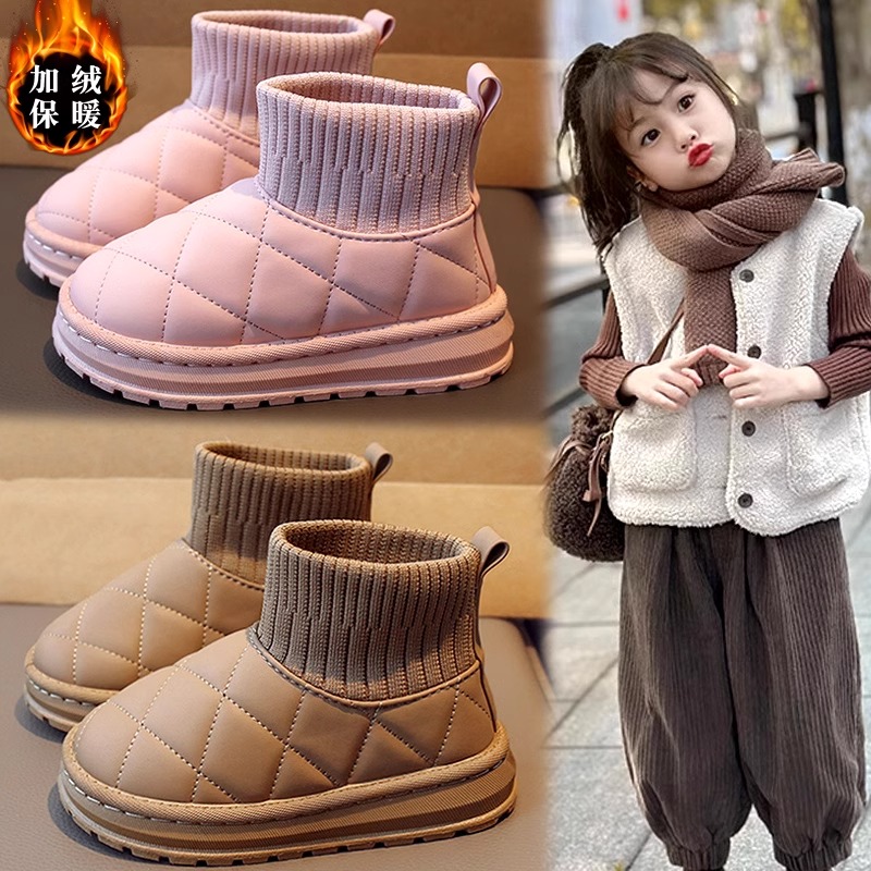 巴布豆女童雪地靴冬季2023新款儿童皮面防水棉鞋女孩加绒加厚棉靴