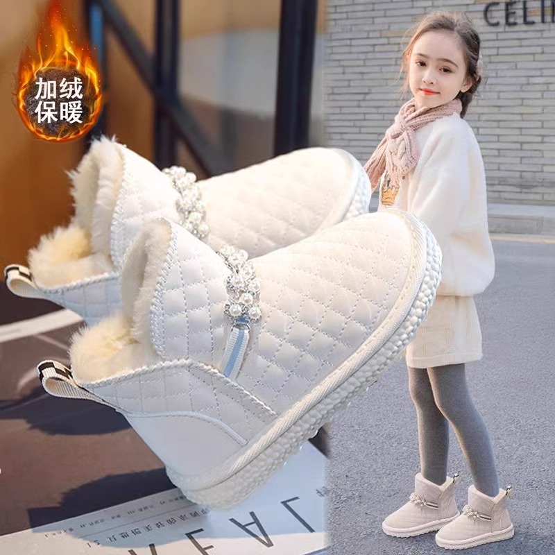 巴布豆女童雪地靴2023冬季新款儿童短靴女孩加绒加厚保暖大棉鞋子