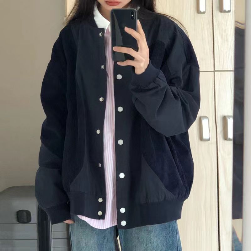 春秋新款灯芯绒拼接棒球服外套女学生宽松复古上衣vibe风飞行夹克