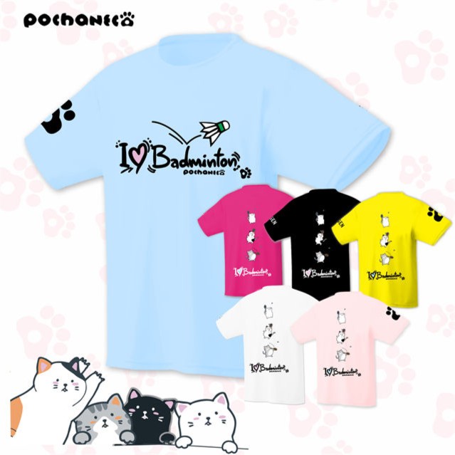 Pochaneco日本猫咪短袖速干羽毛球服文化衫男女透气宽松运动夏季
