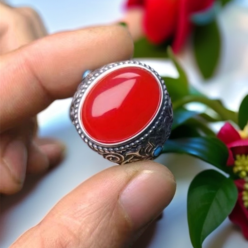 银戒S925银玉石戒指红玛瑙复古重工