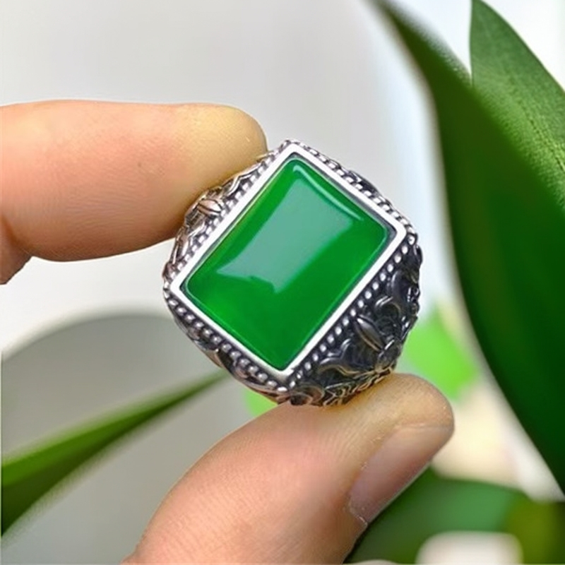 S925银男士方戒玉石戒指