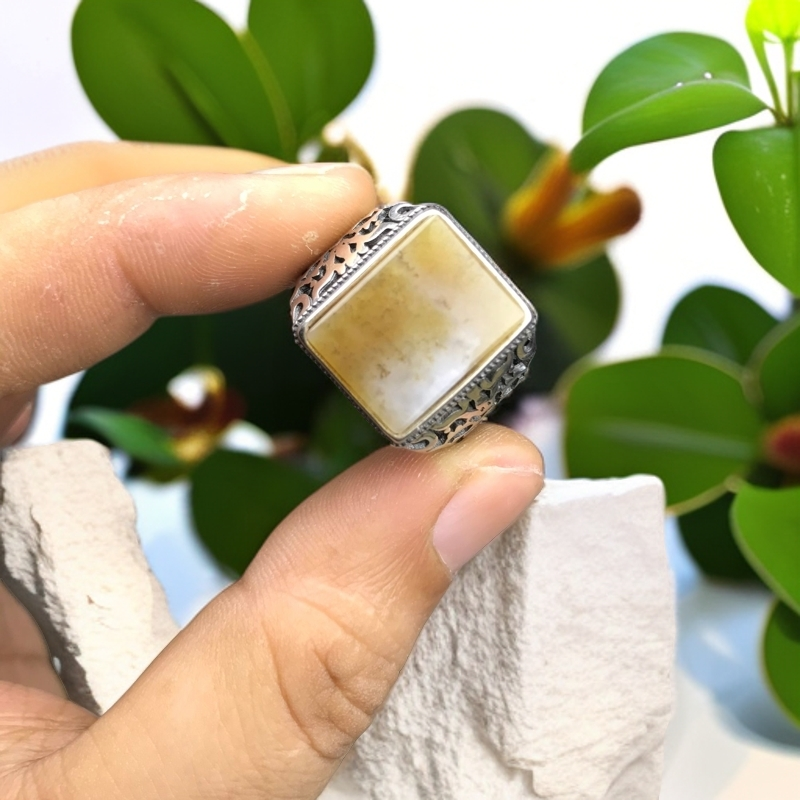 和田玉糖料S925银男士方戒