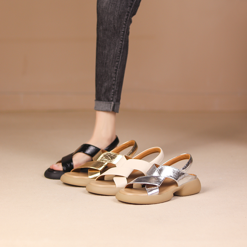 【听纯手工】4CM 夏季新款圆头厚底一字带防水台低跟凉鞋女百搭8067