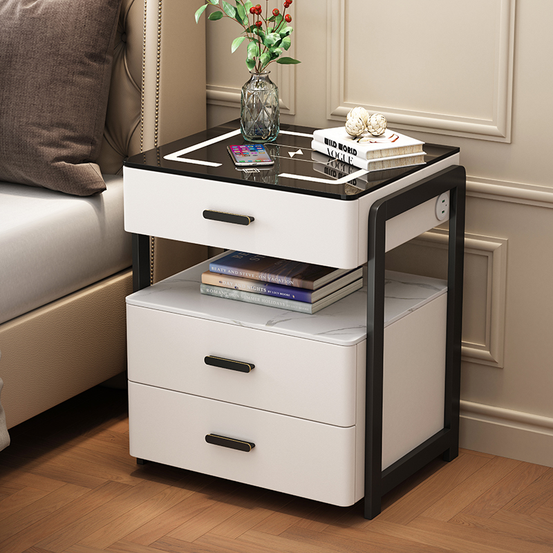 全实木免安装床头柜带灯主卧皮革带无线充电智能床头柜铁艺床边柜