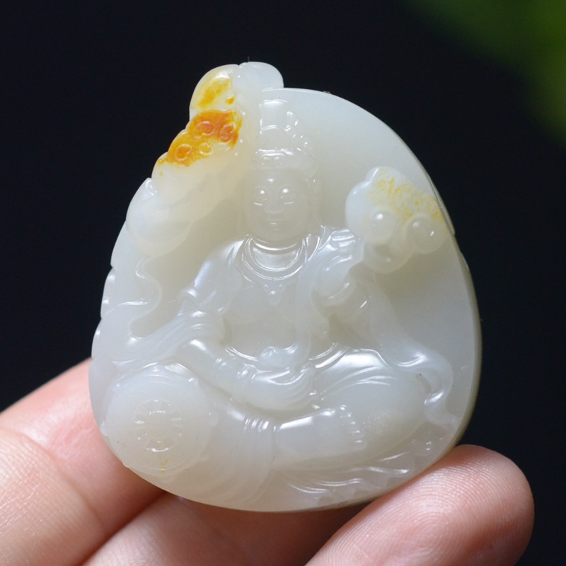 43.0g 新疆和田枣红油皮老熟无结构白玉籽料精工观音牌