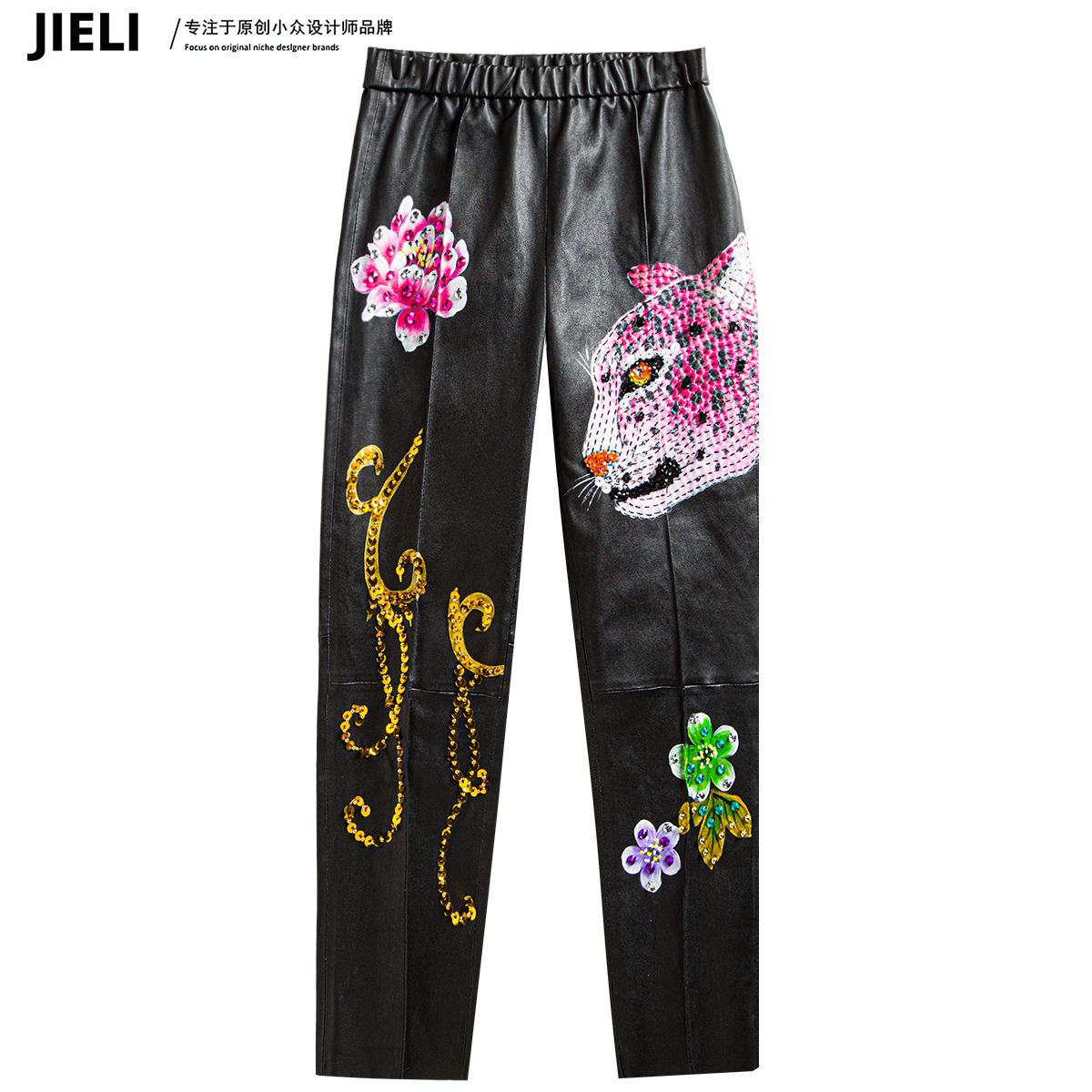JIE LI/街力原创小众设计师高奢手工定制款手绘黑色皮裤女A6391