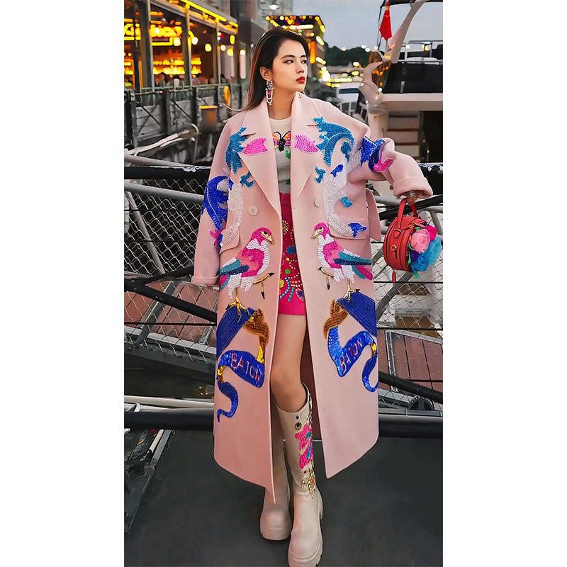 JIE LI/街力定制原创小众设计师时尚气质中长款粉色大衣女S6667