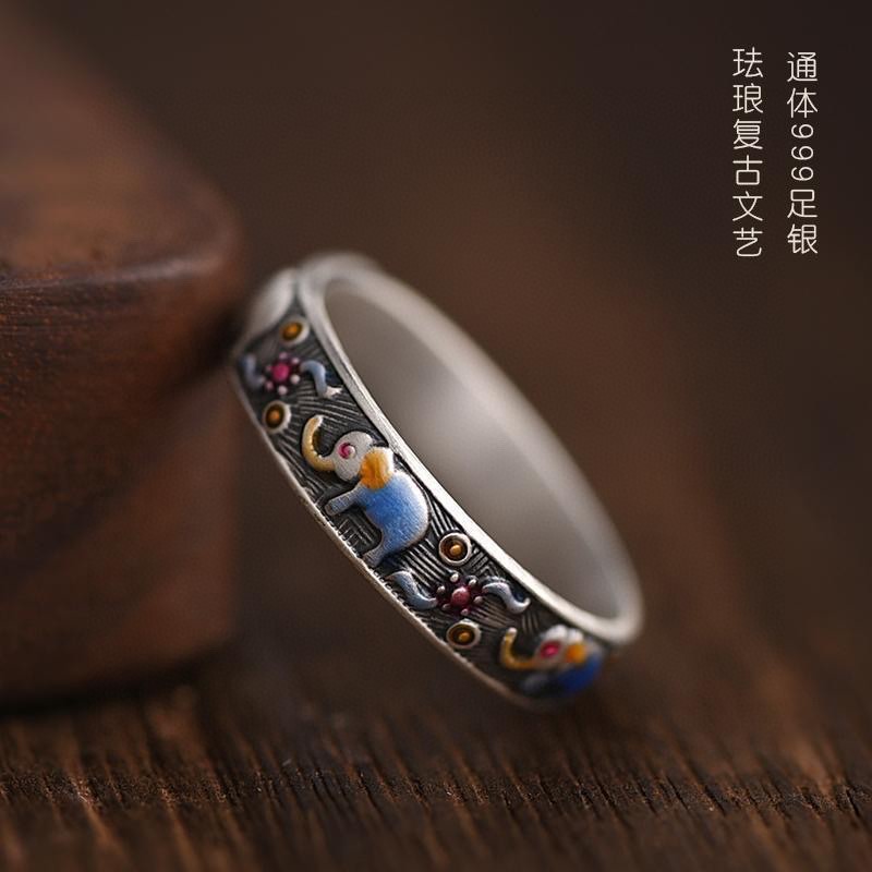 足银珐琅戒指 999足银吉象戒指男女时尚复古森系珐琅食指戒可调节
