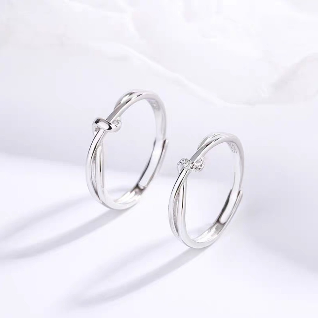 足银戒指 爱意交织双生结情侣足银对戒七夕礼物可调节百搭男女