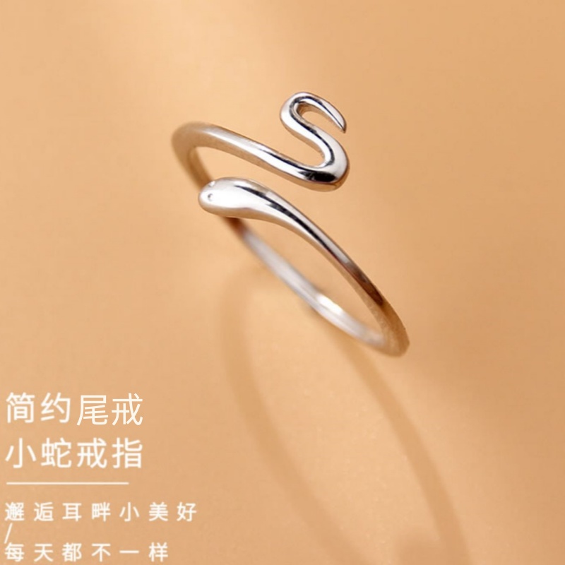 足银戒指 纯银蛇形开口戒指女简约时尚设计气质尾戒小灵蛇指环