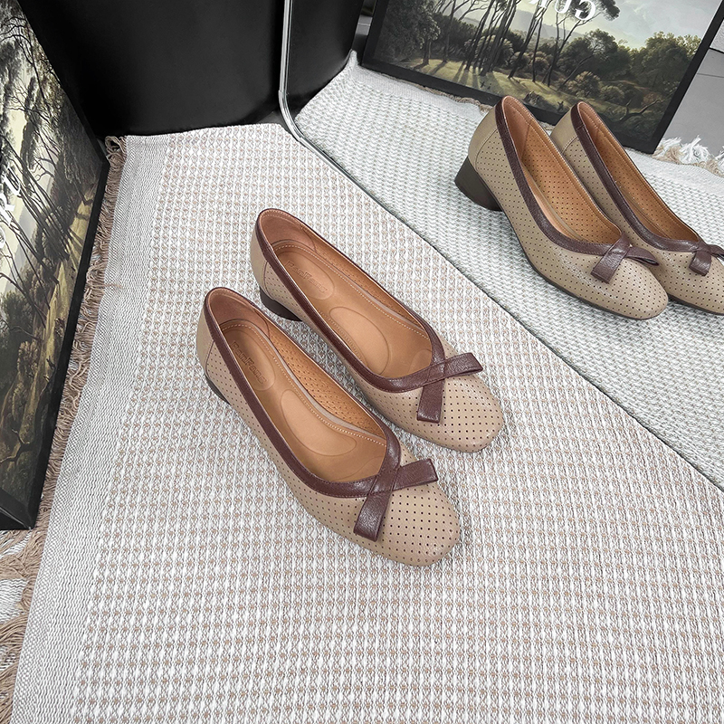 半坊手工女鞋|34-39|3.0cm|秋季新款法式圆头浅口蝴蝶结粗跟单鞋