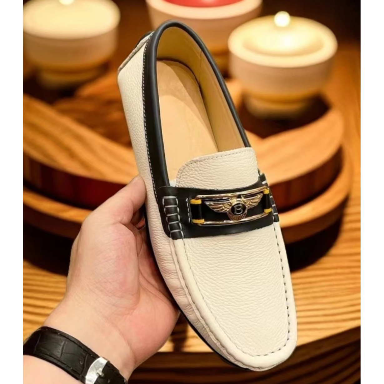 男士真皮豆豆鞋拼色时尚百搭款软底一脚蹬商务休闲软底高档轻奢鞋