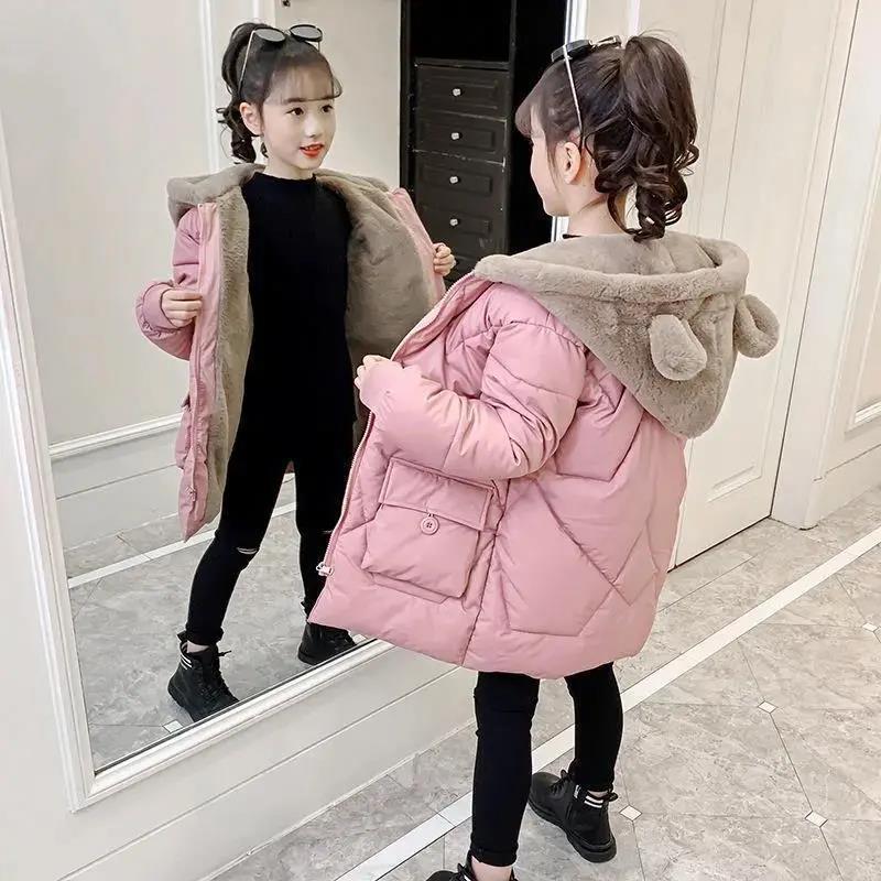 巴拉女童秋冬外套加绒棉服中长款可爱小熊棉衣洋气棉袄小女孩冬装