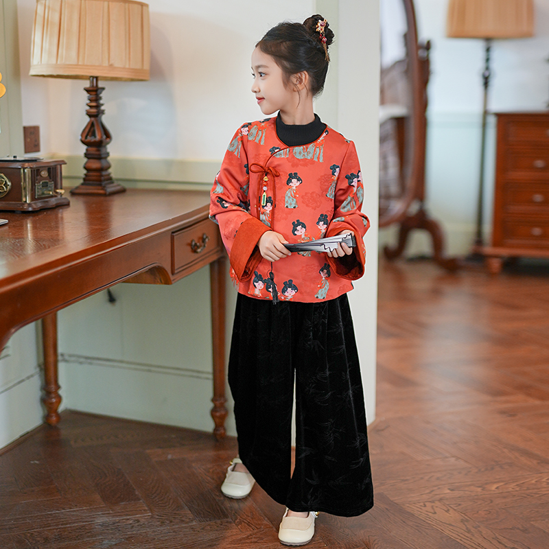 80317女童套装国风印花长袖衣服2025春款古风唐装阔腿裤三件套
