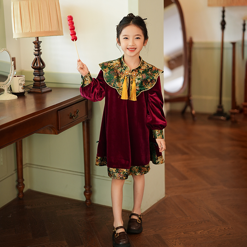 53311女童连衣裙红色丝绒礼服裙儿童中式拜年服裙子