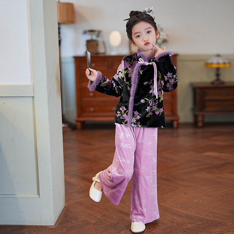 80413新中式国风女童汉服2025春季新款紫色毛边盘扣刺绣两件套