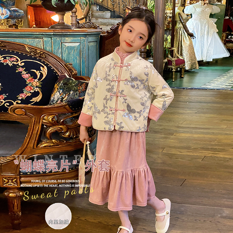 0769356女童汉服新中式国风棉服外套套装丝绒保暖棉服儿童拜年服