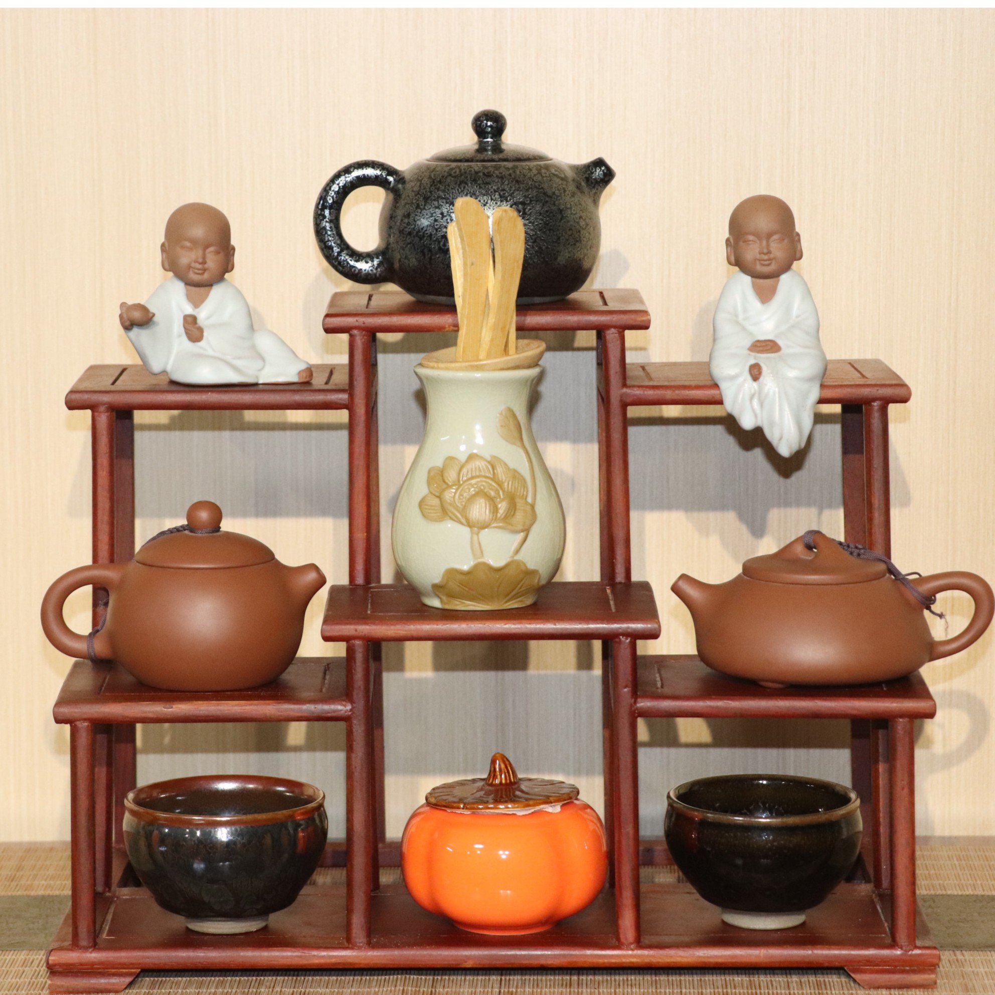 工艺黄红木博古架小号实木紫砂壶展示架茶具置物架摆放收纳茶杯架