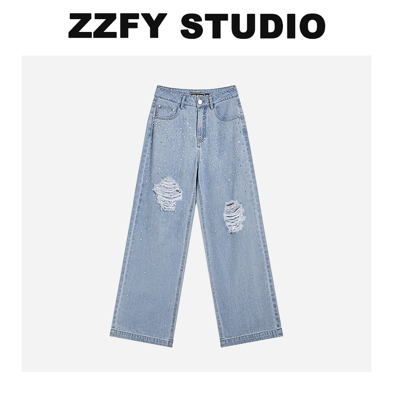 【左岸潇专属】ZZFY STUDIO 烫钻破洞阔腿牛仔长裤 24YNZL131004L