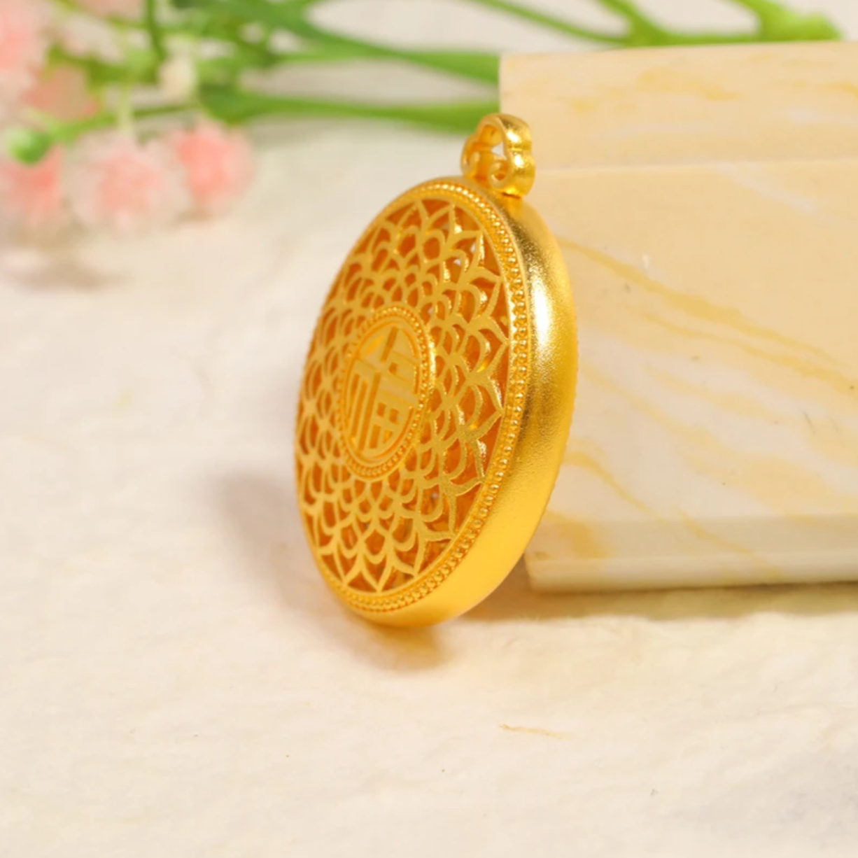 吊坠足银 银吊坠显大版八宝罗盘吊坠 包金工艺  