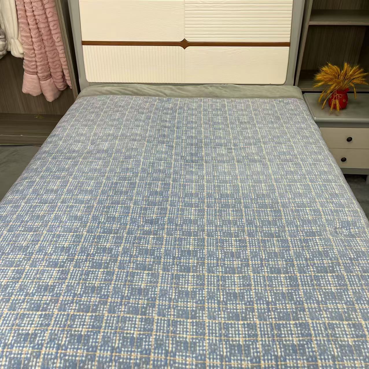 蓝灰格子双人2.0*2.3被子加厚三层多功能奶绒夹棉印花大床