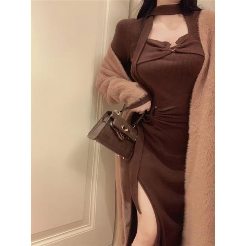 特大码200斤冬季连衣裙长裙女秋冬内搭打底包臀胖mm收腰遮肉显瘦