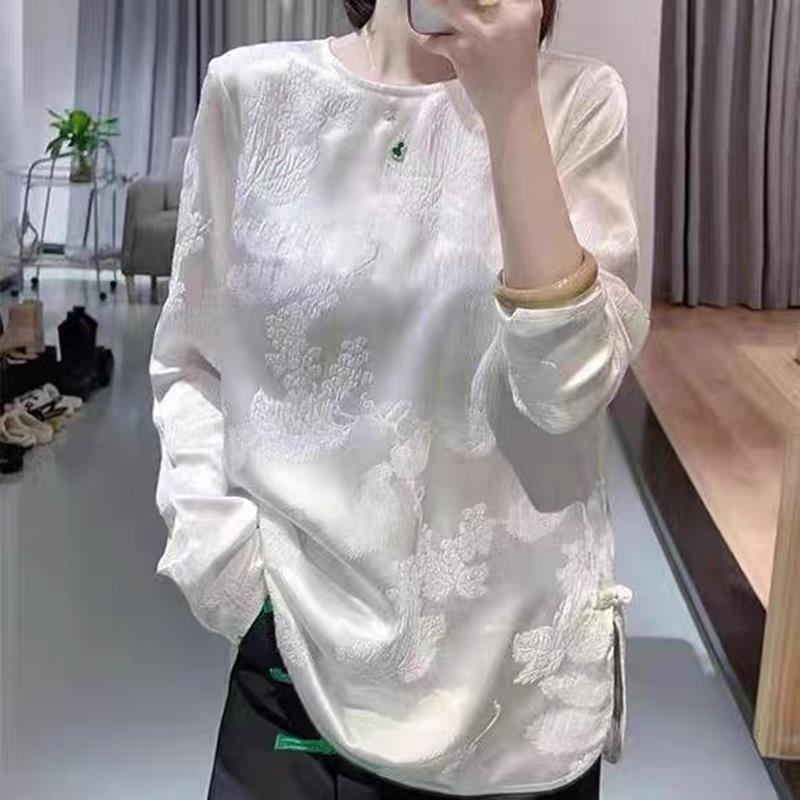 秋季新款新中式国风圆领长袖T恤女时尚气质减龄冠乐邹打底衫百搭