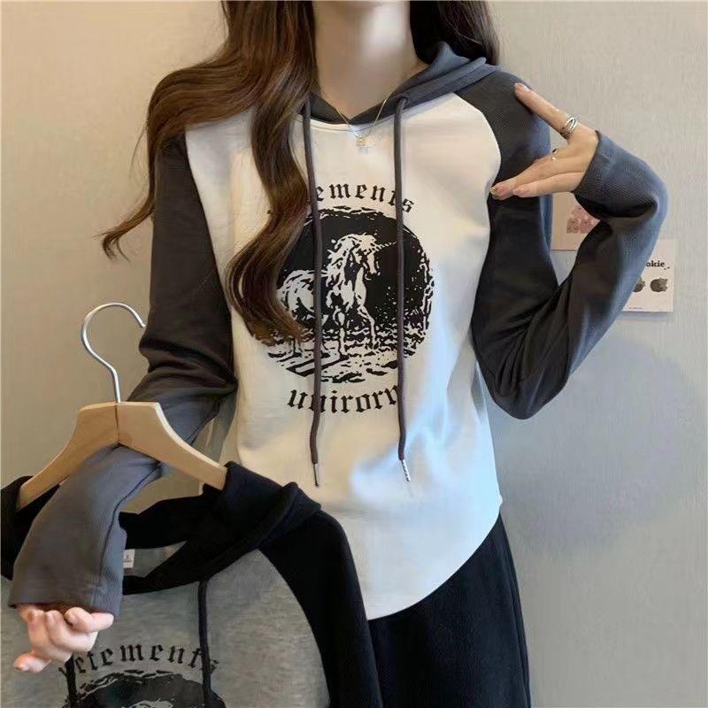 2023新款潮连帽T恤卫衣女长袖拼色插肩上衣减龄显瘦春秋时尚洋气