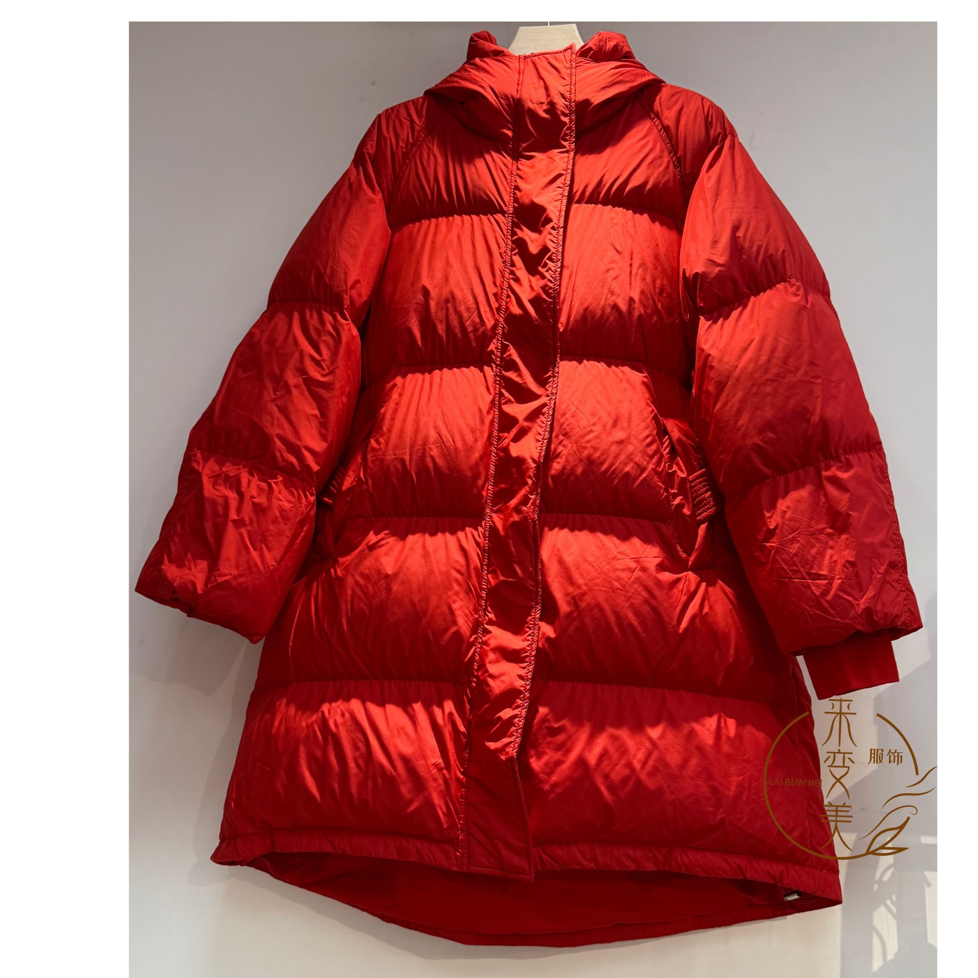 品牌90白鸭绒冬季新款红色宽松加厚连帽中长款羽绒服