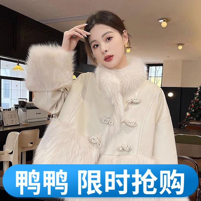 鸭鸭2023秋冬季新款新中式羽绒服90白鸭绒大衣皮草外套中国风美拉
