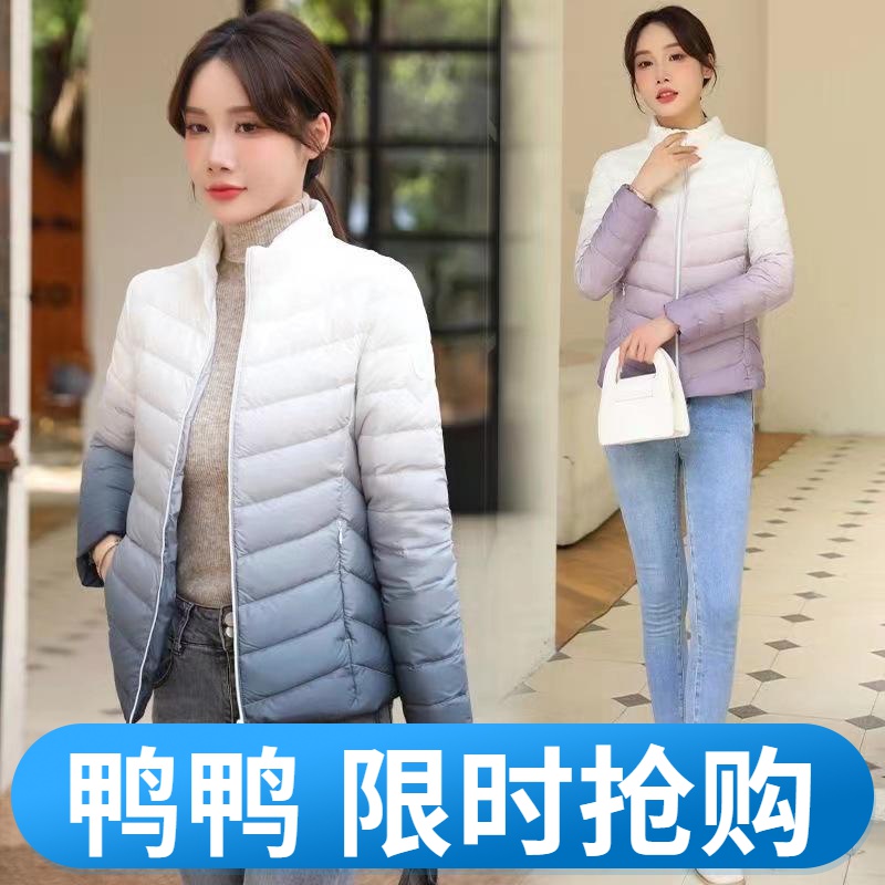 鸭鸭轻薄羽绒服女立领修身轻便保暖短款渐变色白鸭绒保暖羽绒外套