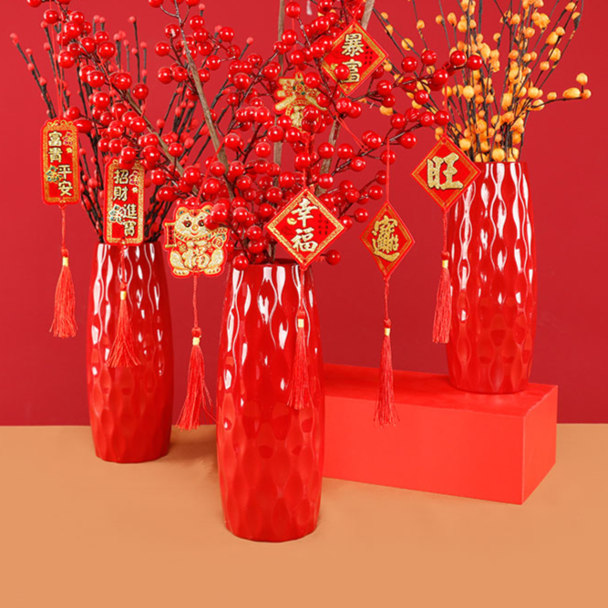 礼悦新款新年红色塑料插花瓶居家客厅装饰摆件冬青银柳仿真花器