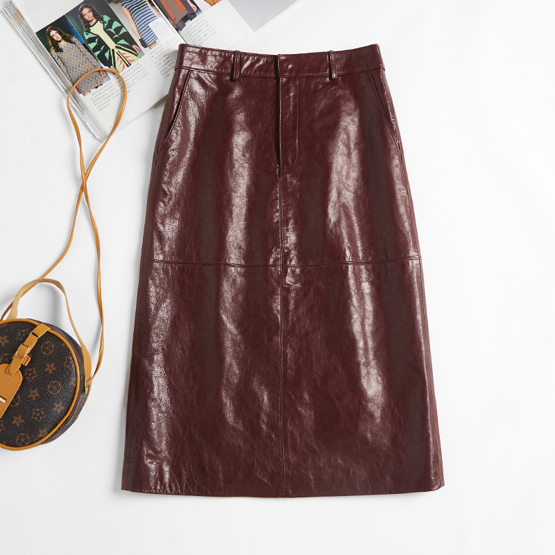 2025秋冬新款海宁真皮皮裙女半身裙中长款油蜡绵羊皮开叉百搭包臀