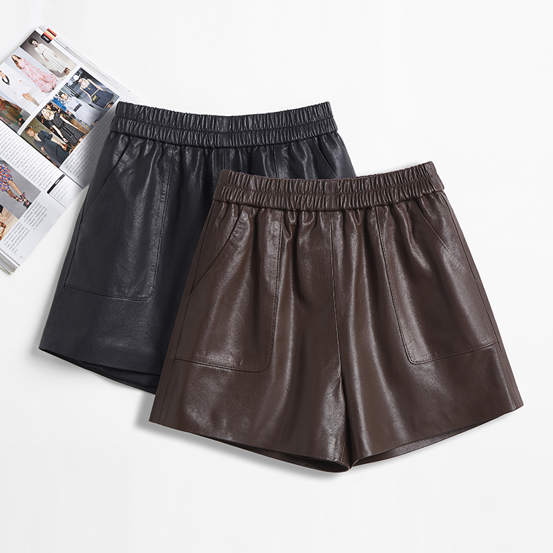 2025新款春秋绵羊皮真皮皮短裤女时尚显瘦百搭高腰ａ字阔腿裤皮裤