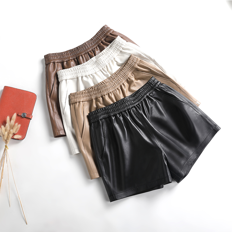 2025新款真皮短裤女阔腿裤高腰松紧时尚洋气显瘦休闲皮短款靴裤
