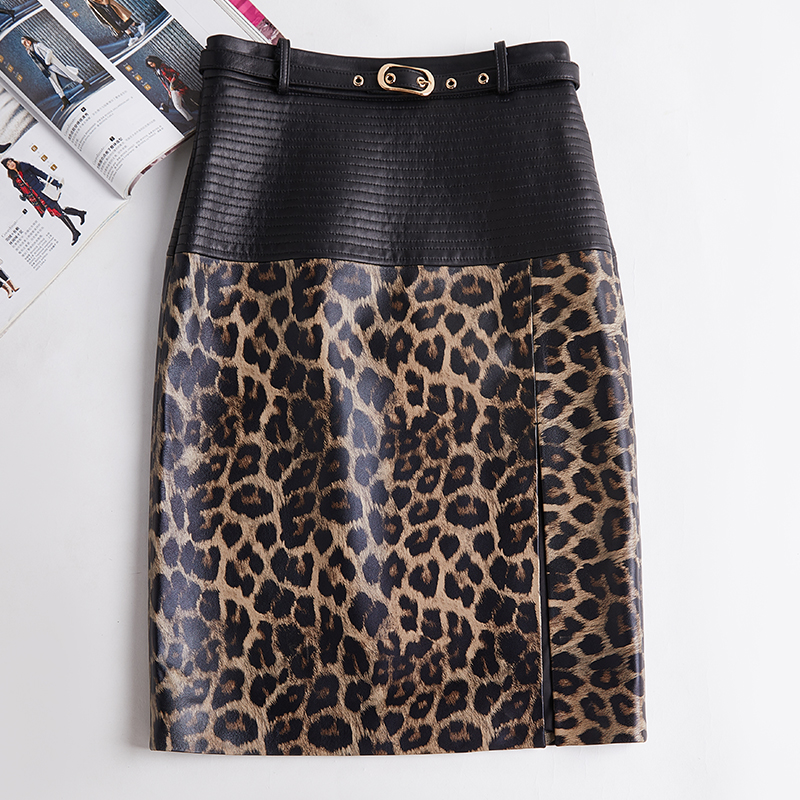 欧洲站2025新款秋冬真皮皮裙半身裙豹纹高腰百搭显瘦时尚中长裙子