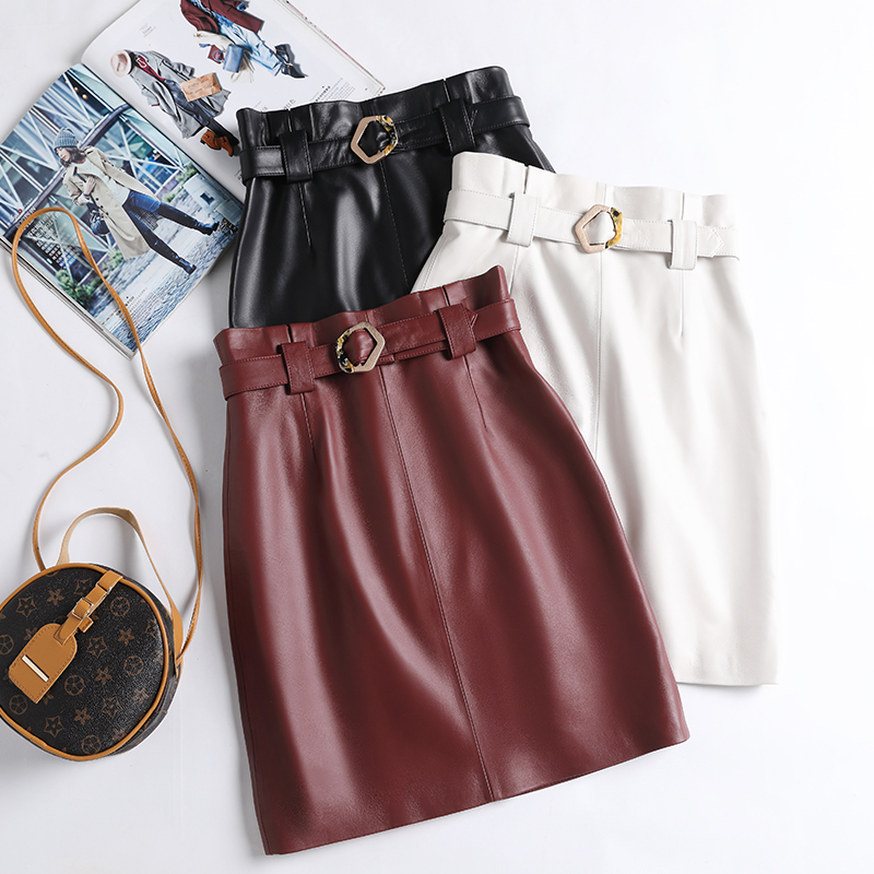 2025新款 高腰包臀裙绵羊皮皮裙中长裙中长裙腰带百搭半身裙