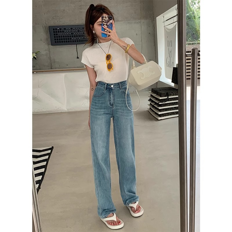 软牛仔裤女夏季窄版阔腿裤2025年新款高腰垂感宽松显瘦直筒裤子